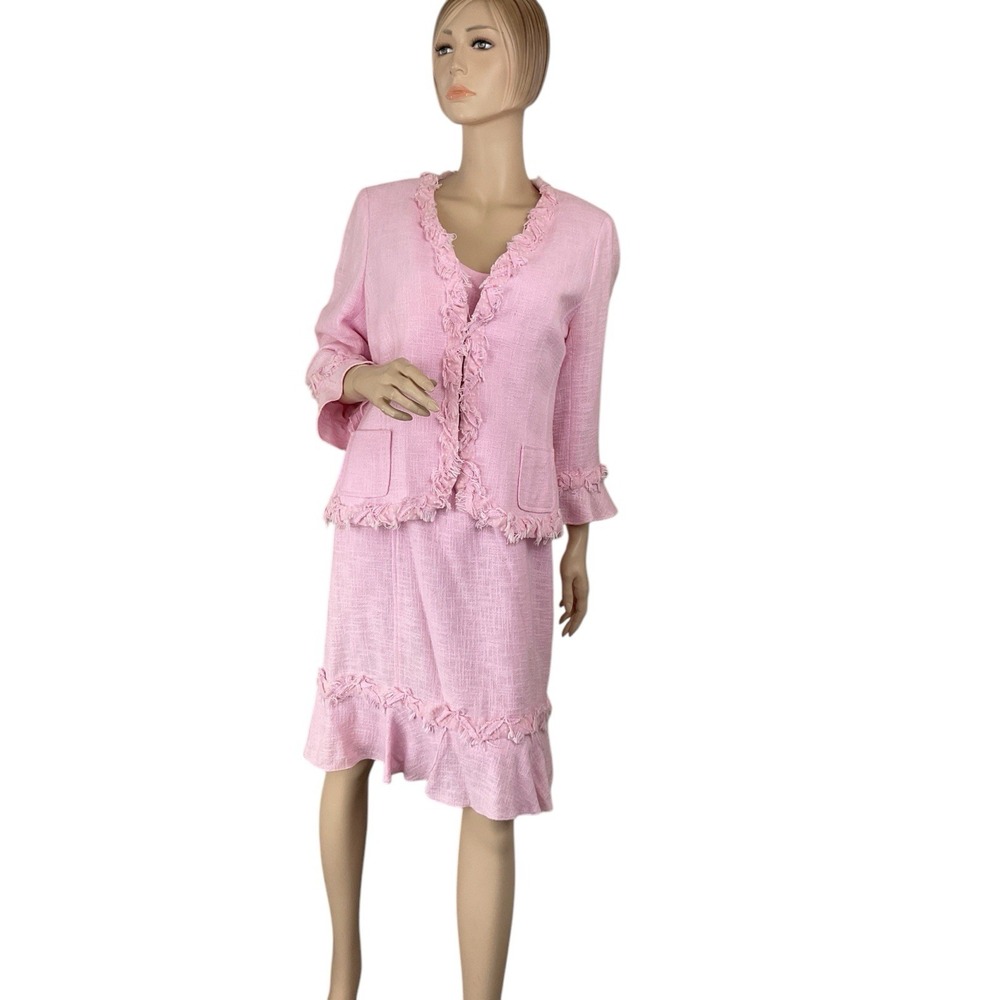 Rickie Freeman for Teri Jon Tweed Dress With Jacket‎ Fringe-Trim Ruffled Hem 16